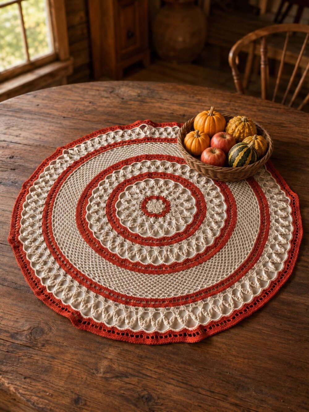 Hand‎ Crocheted Centerpiece Ecru and Burnt Orange